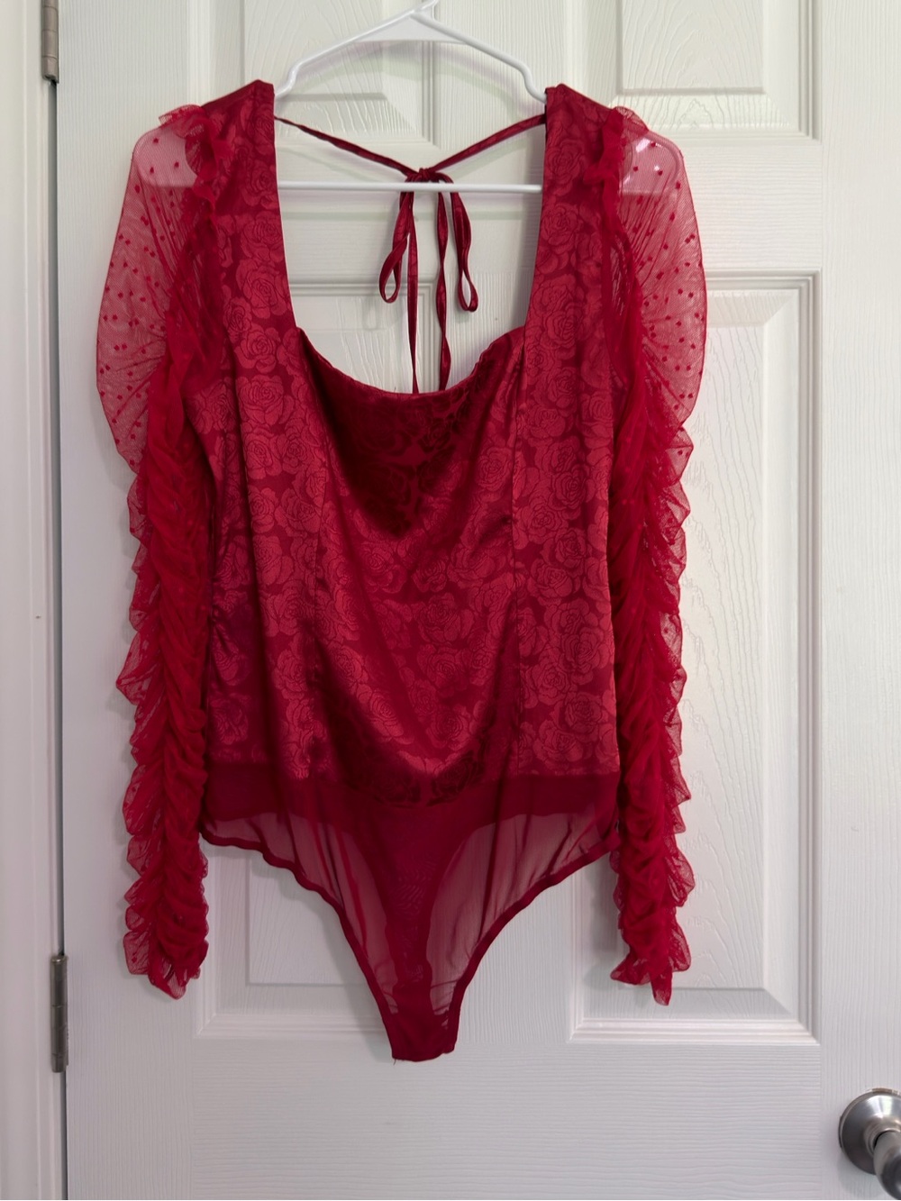 Lulu's Fairy Whimsical Babydoll Scarlet Red Lace Sheer Long-Sleeve Bodysuit L